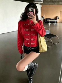 K-Vae 女款雙排扣碎花短版韓風休閒拉鍊運動外套，柔軟舒適 - 紅色 - 查看 5
