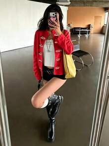 K-Vae 女款雙排扣碎花短版韓風休閒拉鍊運動外套，柔軟舒適 - 紅色 - 查看 6