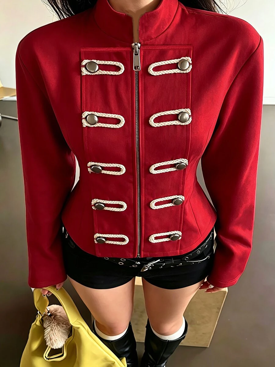 K-Vae 女款雙排扣碎花短版韓風休閒拉鍊運動外套,柔軟舒適 - 紅色 - 查看 1
