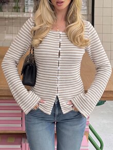 Siren Gaze Women's New Fall/ Blue And White Stripe Long Sleeve Slim Fit Top Brunch Casual - Apricot - View 8