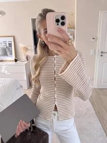 Siren Gaze Women's New Fall/ Blue And White Stripe Long Sleeve Slim Fit Top Brunch Casual - Apricot - View 10