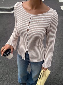 Siren Gaze Women's New Fall/ Blue And White Stripe Long Sleeve Slim Fit Top Brunch Casual - Apricot - View 4