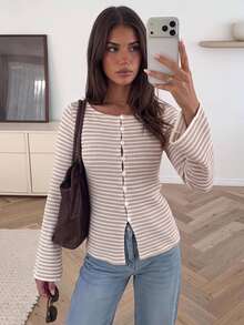 Siren Gaze Women's New Fall/ Blue And White Stripe Long Sleeve Slim Fit Top Brunch Casual - Apricot - View 1