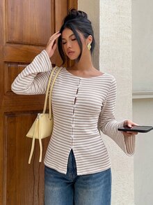 Siren Gaze Women's New Fall/ Blue And White Stripe Long Sleeve Slim Fit Top Brunch Casual - Apricot - View 7