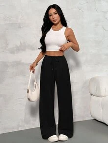 SHEIN PETITE 女款休閒百搭抽繩腰運動長褲，適合日常穿著 - 黑色 - 查看 11