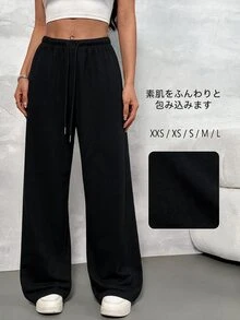 SHEIN PETITE 女款休閒百搭抽繩腰運動長褲，適合日常穿著 - 黑色 - 查看 4