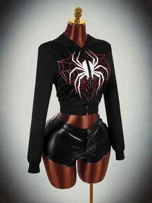 Amplova Women's Halloween Sweatshirt With Spider Graphic, Sexy Avant-Garde Sexy Style, Suitable For Autumn/Winter Outfits - Black - View 10