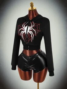 Amplova Women's Halloween Sweatshirt With Spider Graphic, Sexy Avant-Garde Sexy Style, Suitable For Autumn/Winter Outfits - Black - View 5