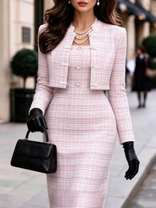 Privoire 女款格紋3D鈕扣裝飾細肩帶長洋裝搭配青蛙鈕扣長袖開襟衫優雅兩件套 - 粉色 - 查看 1