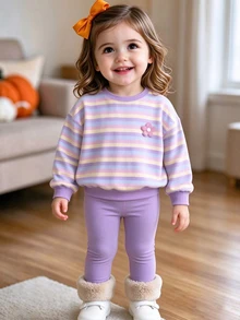 Baby Girl Striped Print Crew Neck Sweatshirt & Solid Color Leggings 2 Pieces Outfit Set - Multicolor - View 4