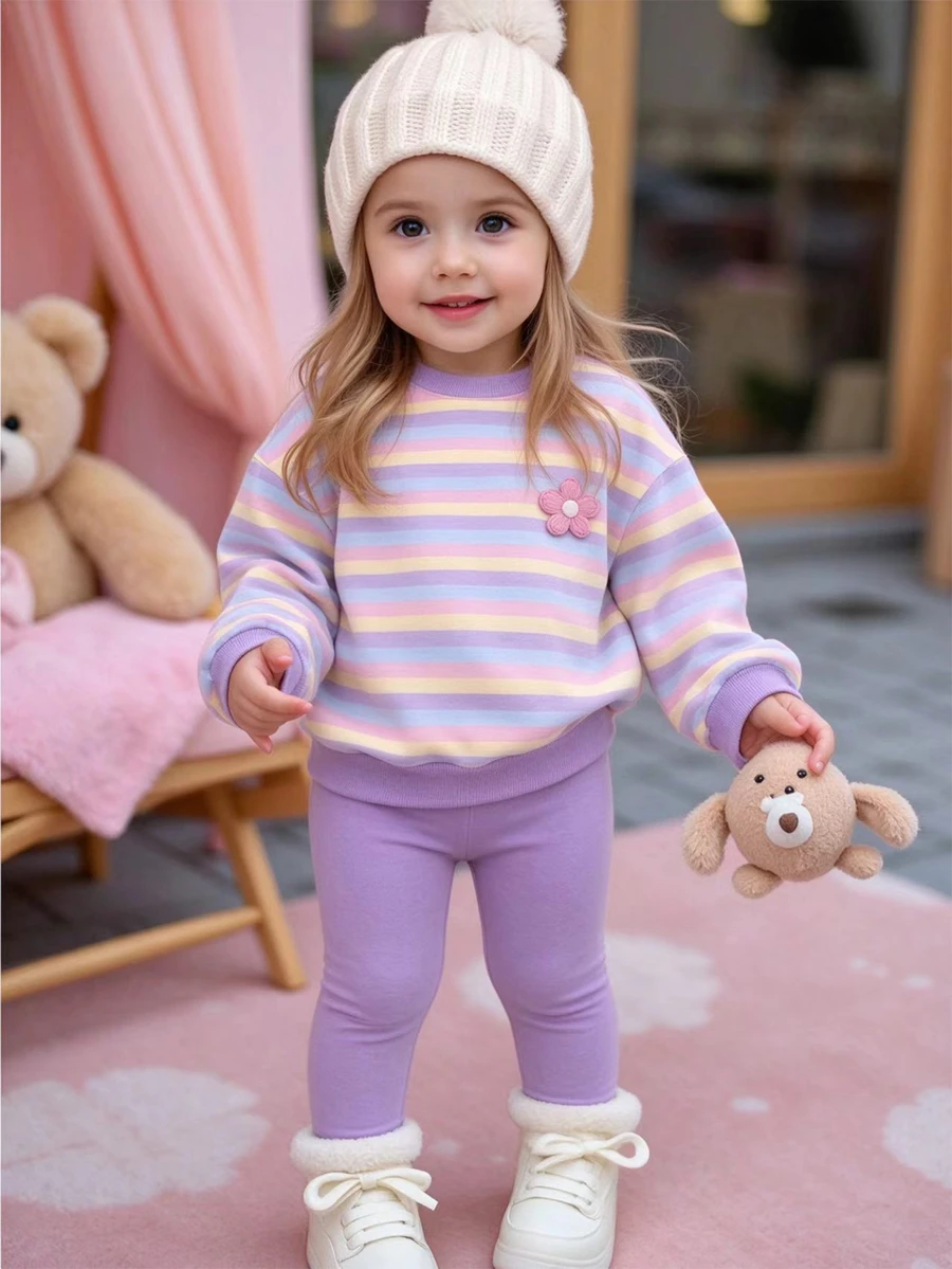 Setelan Baju Bayi Perempuan 2 Potong: Sweatshirt Kerah Bulat Motif Garis-garis dan Legging Warna Polos - MultiWarna - View 1