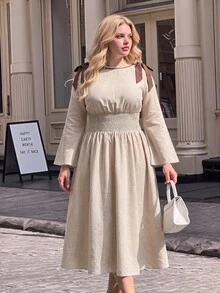 SHEIN MOD 大尺碼女款休閒膠囊系列中世紀仙女風洋裝，蝴蝶結肩部裝飾、抽褶腰部，適合秋季早午餐派對與生日 - 杏色 - 查看 6