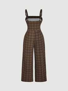 SHEIN MOD Plus Size Women's Sleeveless Plaid Jumpsuit With Suspenders And Cinched Waist, Retro 90s, Wide Leg, Fall/Winter - Brown - View 3