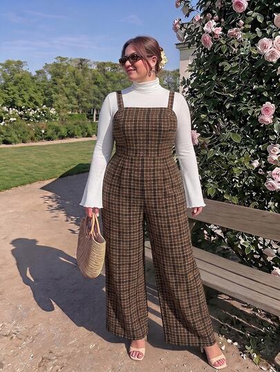 SHEIN MOD Plus Size Women's Sleeveless Plaid Jumpsuit With Suspenders And Cinched Waist, Retro 90s, Wide Leg, Fall/Winter