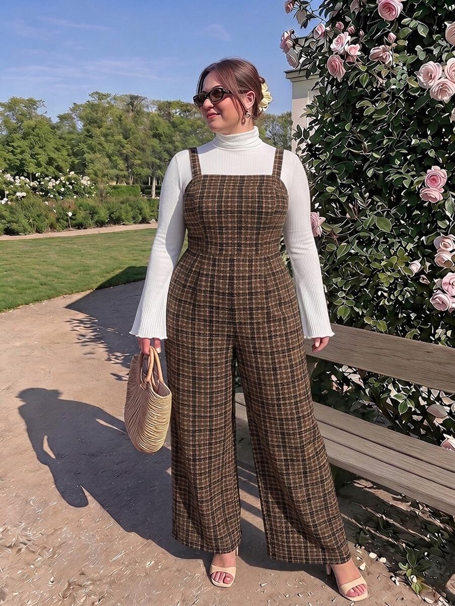 SHEIN MOD Plus Size Women's Sleeveless Plaid Jumpsuit With Suspenders And Cinched Waist, Retro 90s, Wide Leg, Fall/Winter - Brown - View 1