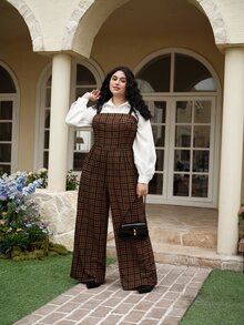 SHEIN MOD Plus Size Women's Sleeveless Plaid Jumpsuit With Suspenders And Cinched Waist, Retro 90s, Wide Leg, Fall/Winter - Brown - View 7
