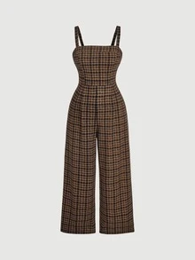 SHEIN MOD Plus Size Women's Sleeveless Plaid Jumpsuit With Suspenders And Cinched Waist, Retro 90s, Wide Leg, Fall/Winter - Brown - View 2