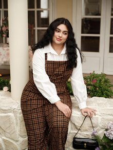 SHEIN MOD Plus Size Women's Sleeveless Plaid Jumpsuit With Suspenders And Cinched Waist, Retro 90s, Wide Leg, Fall/Winter - Brown - View 8