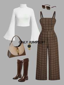 SHEIN MOD Plus Size Women's Sleeveless Plaid Jumpsuit With Suspenders And Cinched Waist, Retro 90s, Wide Leg, Fall/Winter - Brown - View 11