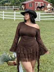 SHEIN MOD Plus Size Women's Brown Ruffle Asymmetrical Shoulder Ruched Party Dress,Autumn Western Picnic Outfit,Boho Witchy Short Coffee Chocolate Summer Dresses - Brown - View 7