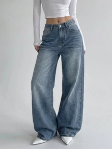 DAZY Women's Wide Leg Loose Casual Versatile Denim Jeans With Pockets - Blue - View 4