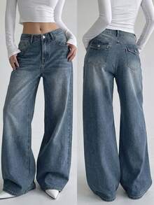 DAZY Women's Wide Leg Loose Casual Versatile Denim Jeans With Pockets - Blue - View 2
