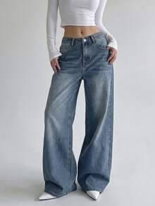 DAZY Women's Wide Leg Loose Casual Versatile Denim Jeans With Pockets - Blue - View 8