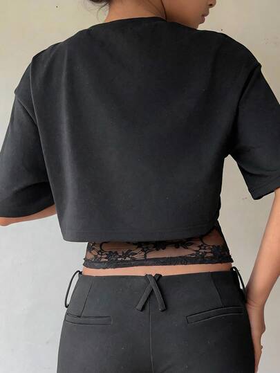 Firerie Kids Firerie Kids Tween Girl Fashion Autumn Summer Back To School Casual 2-In-1 Design Black Lace Patchwork 2 In 1 Short Sleeve T-Shirt Summer Y2k