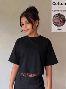 Firerie Kids Firerie Kids Tween Girl Fashion Autumn Summer Back To School Casual 2-In-1 Design Black Lace Patchwork 2 In 1 Short Sleeve T-Shirt Summer Y2k - Black - View 1