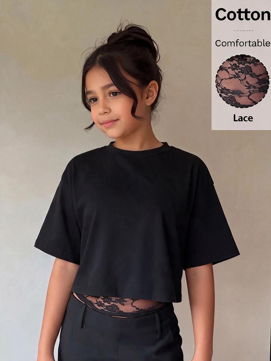 Firerie Kids Firerie Kids Tween Girl Fashion Autumn Summer Back To School Casual 2-In-1 Design Black Lace Patchwork 2 In 1 Short Sleeve T-Shirt Summer Y2k - Black - View 1