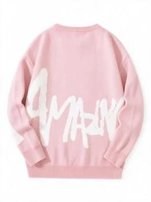 Claim Dot Men's Autumn/Winter Crew Neck Dropped Shoulder Long Sleeve Sweater English Letter Pattern Knitted Pullover Two-Tone Jacquard Loose Fit Grey Graphic - Pink - View 4