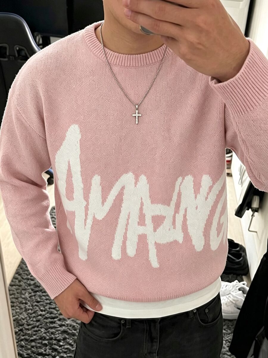 Claim Dot Men's Autumn/Winter Crew Neck Dropped Shoulder Long Sleeve Sweater English Letter Pattern Knitted Pullover Two-Tone Jacquard Loose Fit Grey Graphic - Pink - View 1