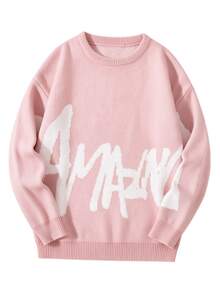 Claim Dot Men's Autumn/Winter Crew Neck Dropped Shoulder Long Sleeve Sweater English Letter Pattern Knitted Pullover Two-Tone Jacquard Loose Fit Grey Graphic - Pink - View 2
