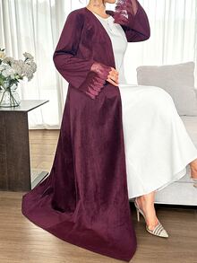 Yasmyna Deep Purple Velvet Long Cardigan Abaya With Lace Cuff Splice, Muslim Loose Open Front Outerwear - Burgundy - View 8