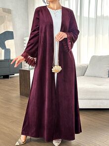 Yasmyna Deep Purple Velvet Long Cardigan Abaya With Lace Cuff Splice, Muslim Loose Open Front Outerwear - Burgundy - View 6