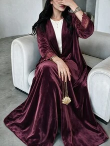 Yasmyna Deep Purple Velvet Long Cardigan Abaya With Lace Cuff Splice, Muslim Loose Open Front Outerwear - Burgundy - View 4