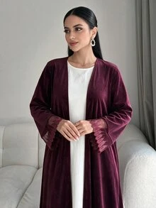 Yasmyna Deep Purple Velvet Long Cardigan Abaya With Lace Cuff Splice, Muslim Loose Open Front Outerwear - Burgundy - View 5