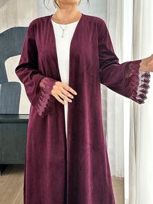 Yasmyna Deep Purple Velvet Long Cardigan Abaya With Lace Cuff Splice, Muslim Loose Open Front Outerwear - Burgundy - View 7