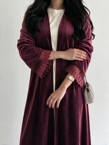 Yasmyna Deep Purple Velvet Long Cardigan Abaya With Lace Cuff Splice, Muslim Loose Open Front Outerwear - Burgundy - View 3