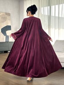 Yasmyna Deep Purple Velvet Long Cardigan Abaya With Lace Cuff Splice, Muslim Loose Open Front Outerwear - Burgundy - View 2