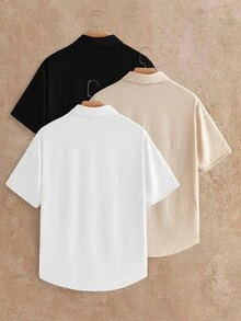 HIMLAND 男士短袖 Polo 衫 3 件組休閒上衣，黑、白、米色，紋理快乾透氣夏季男裝，百搭度假風 - 彩色 - 查看 2