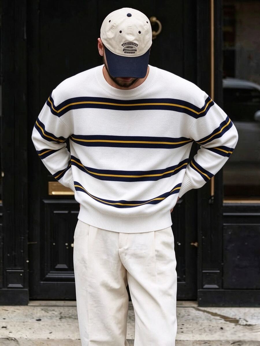 Manfinity Homme Men's Striped Colorblock Long Sleeve Minimalist Sweater - White - View 1