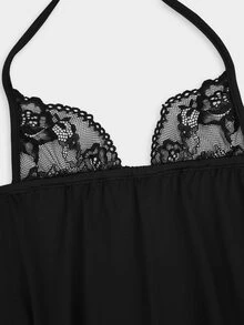 Sweetra Plus Size Sexy Lace Patchwork Halter Neck Tie T-Shirt - Black - View 3