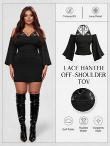 Sweetra Plus Size Sexy Lace Patchwork Halter Neck Tie T-Shirt - Black - View 1