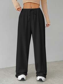 SHEIN Tall Soft Black Knitted Home Lounge Baggy Pants, Loose Pants, Tall Women Autumn Casual Basic Basic Basic Lounge Lounge - Black - View 10
