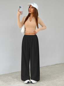 SHEIN Tall Soft Black Knitted Home Lounge Baggy Pants, Loose Pants, Tall Women Autumn Casual Basic Basic Basic Lounge Lounge - Black - View 7