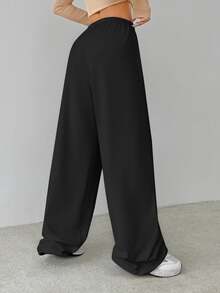 SHEIN Tall Soft Black Knitted Home Lounge Baggy Pants, Loose Pants, Tall Women Autumn Casual Basic Basic Basic Lounge Lounge - Black - View 3