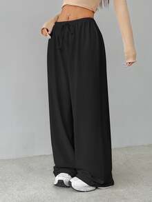 SHEIN Tall Soft Black Knitted Home Lounge Baggy Pants, Loose Pants, Tall Women Autumn Casual Basic Basic Basic Lounge Lounge - Black - View 5