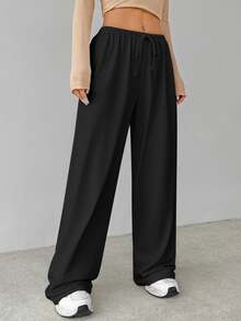 SHEIN Tall Soft Black Knitted Home Lounge Baggy Pants, Loose Pants, Tall Women Autumn Casual Basic Basic Basic Lounge Lounge - Black - View 8