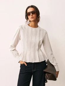 ATUI Studio Fall Elegant Casual Business Basic Halloween Going Out Women's Stripe Round Neck Long Sleeve Pleated Design Casual Smart Casual Elegant Shirt - Black and White - View 7